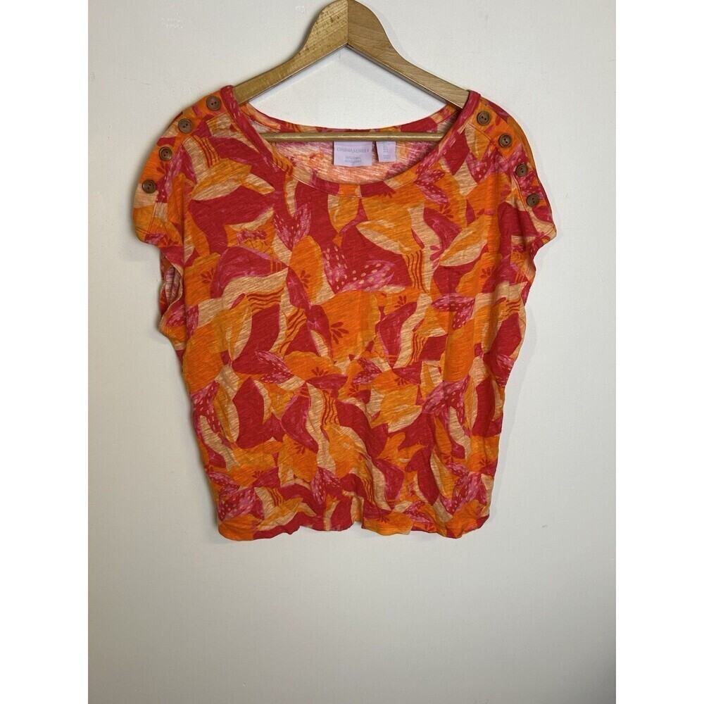 Cynthia‎ Rowley Linen Blouse Womens Size L OrangeFloral Cap Sleeve Resortwear